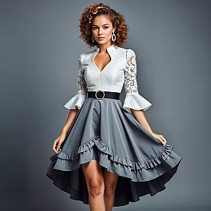 Confident Woman in Elegant Two-Tone Dress