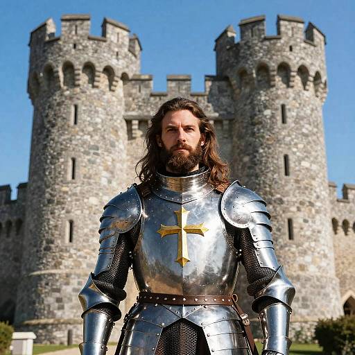 Medieval Knight in Armor with Golden Cross Standing by Stone Castle