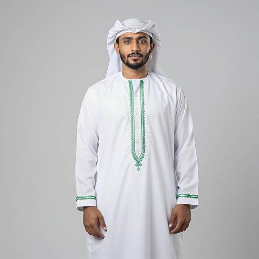 Man Wearing Traditional White Kandura with Green Embroidery and Ghutra