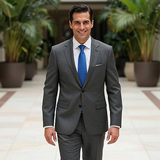 Confident Businessman in Grey Suit With Blue Tie Walking Indoors