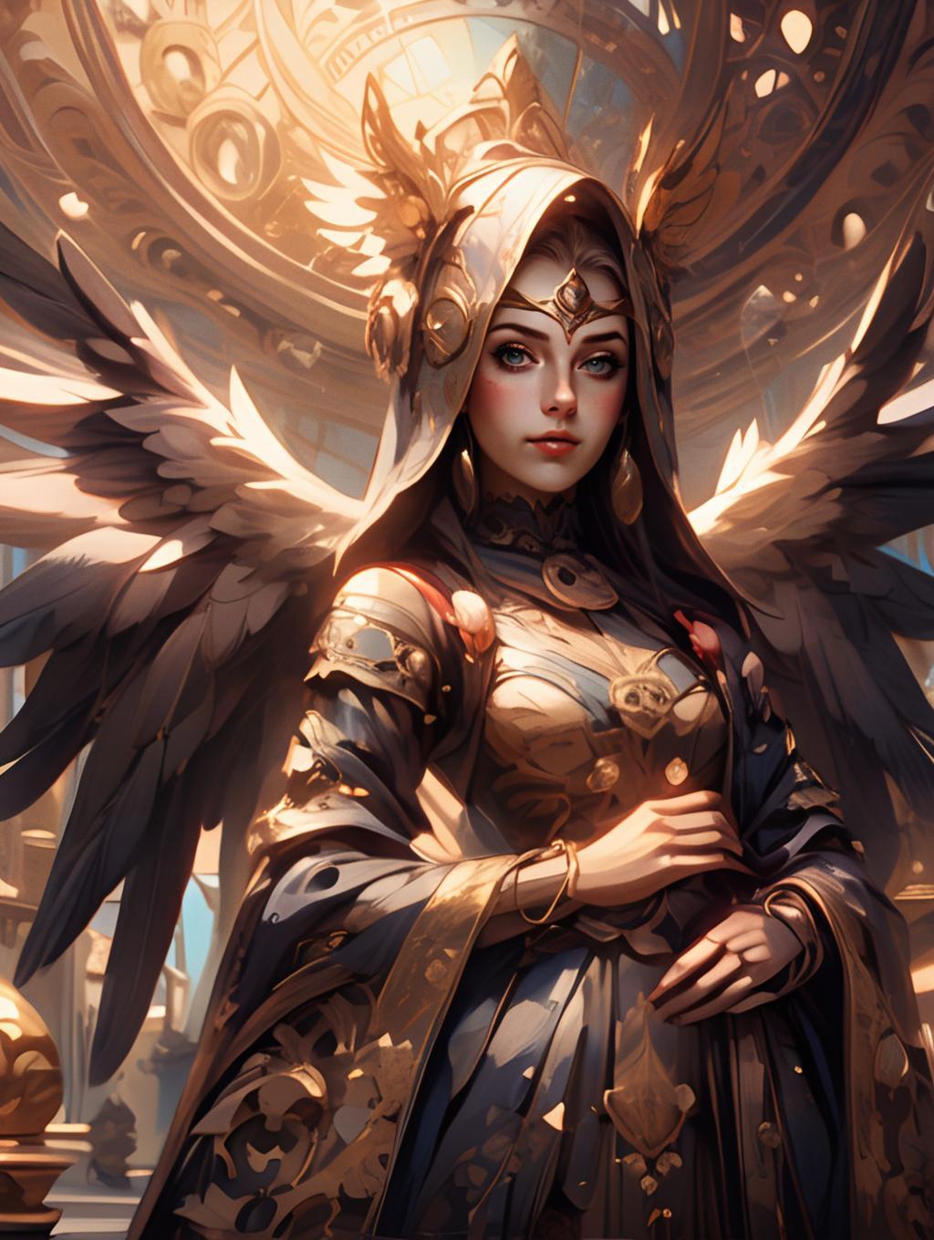Regal Fantasy Woman in Ornate Armor with Wings and Hooded Cloak