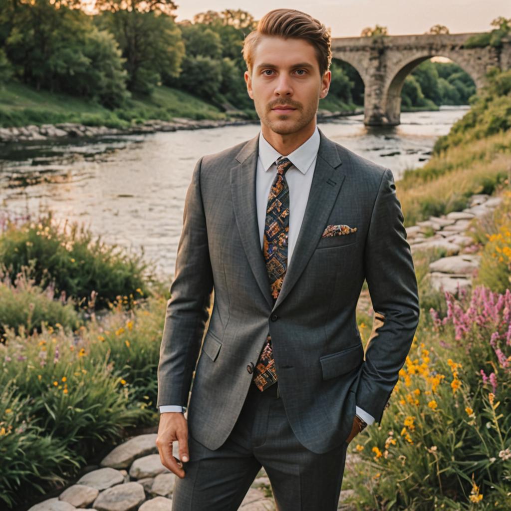 Stylish Man in Grey Suit by Riverside