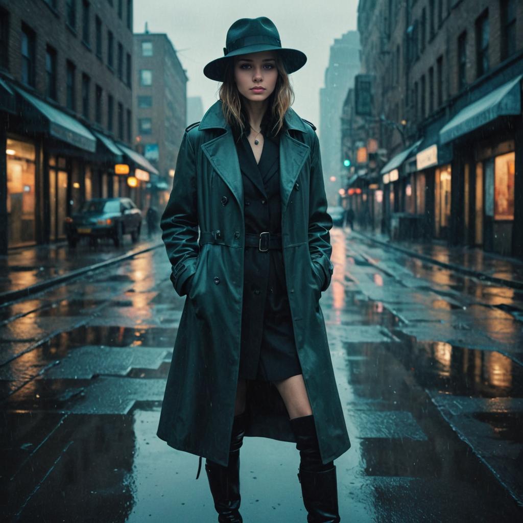 Young Female Detective in Rainy City - Film Noir Aesthetic