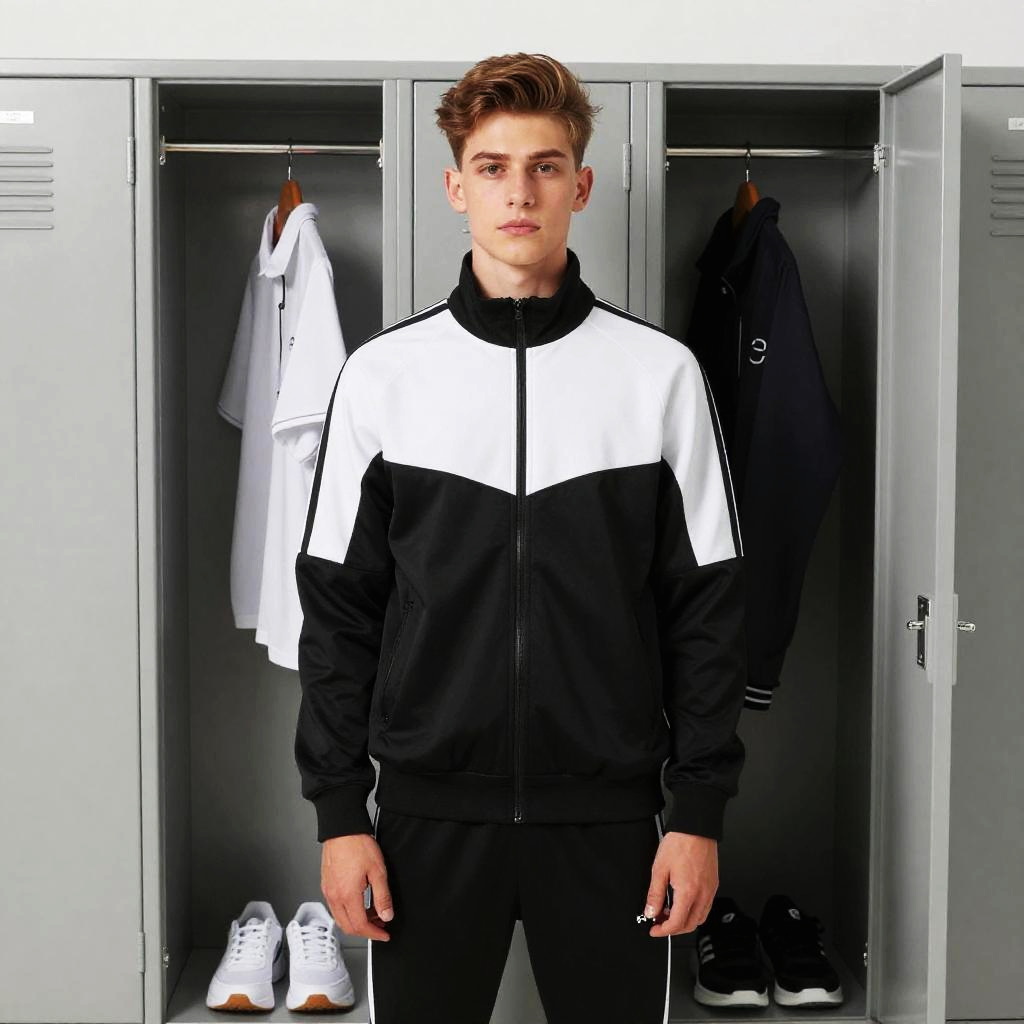 Young Man in Black and White Sporty Jacket by Lockers