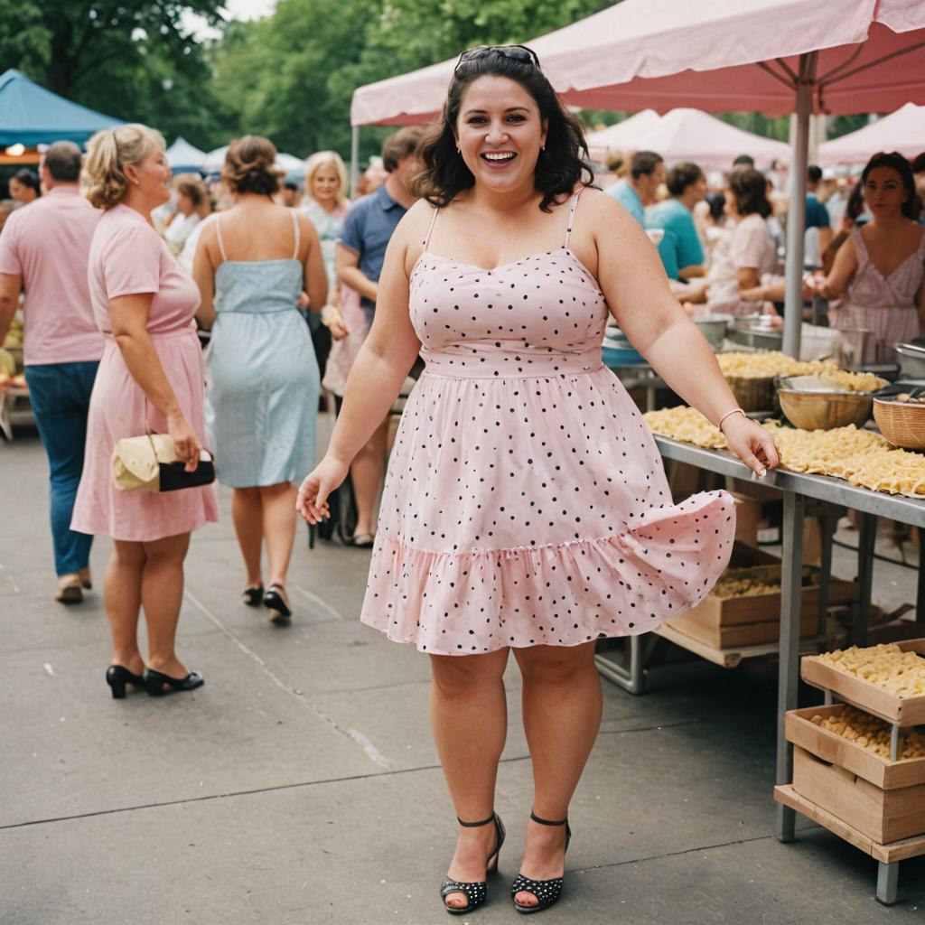 Cheerful Woman in Polka-Dotted Dress at Outdoor Market