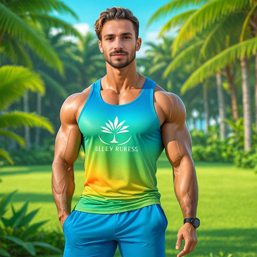 Muscular man in vibrant tank top against tropical backdrop