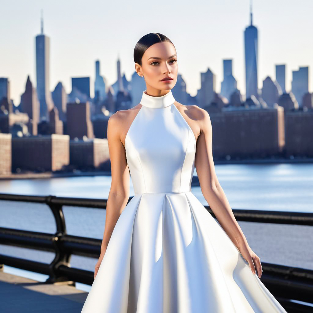 Elegant Woman in White Gown with City Skyline