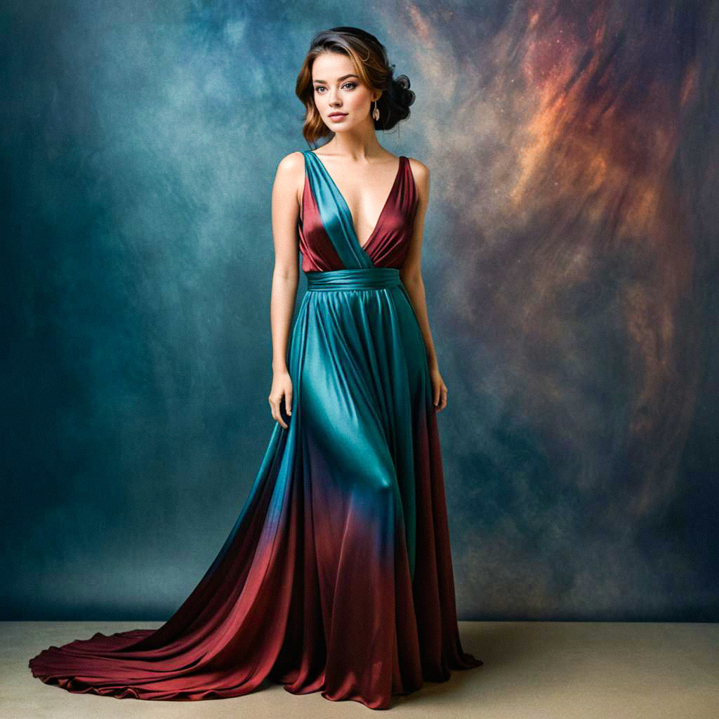 Elegant Woman in Teal and Burgundy Gown