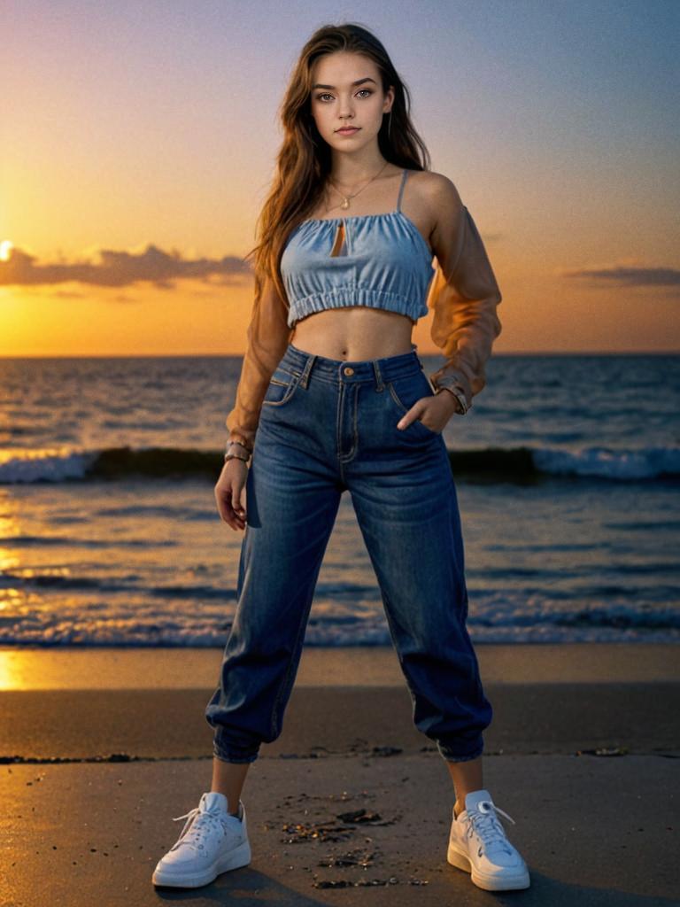 Confident Young Woman on Beach at Sunset