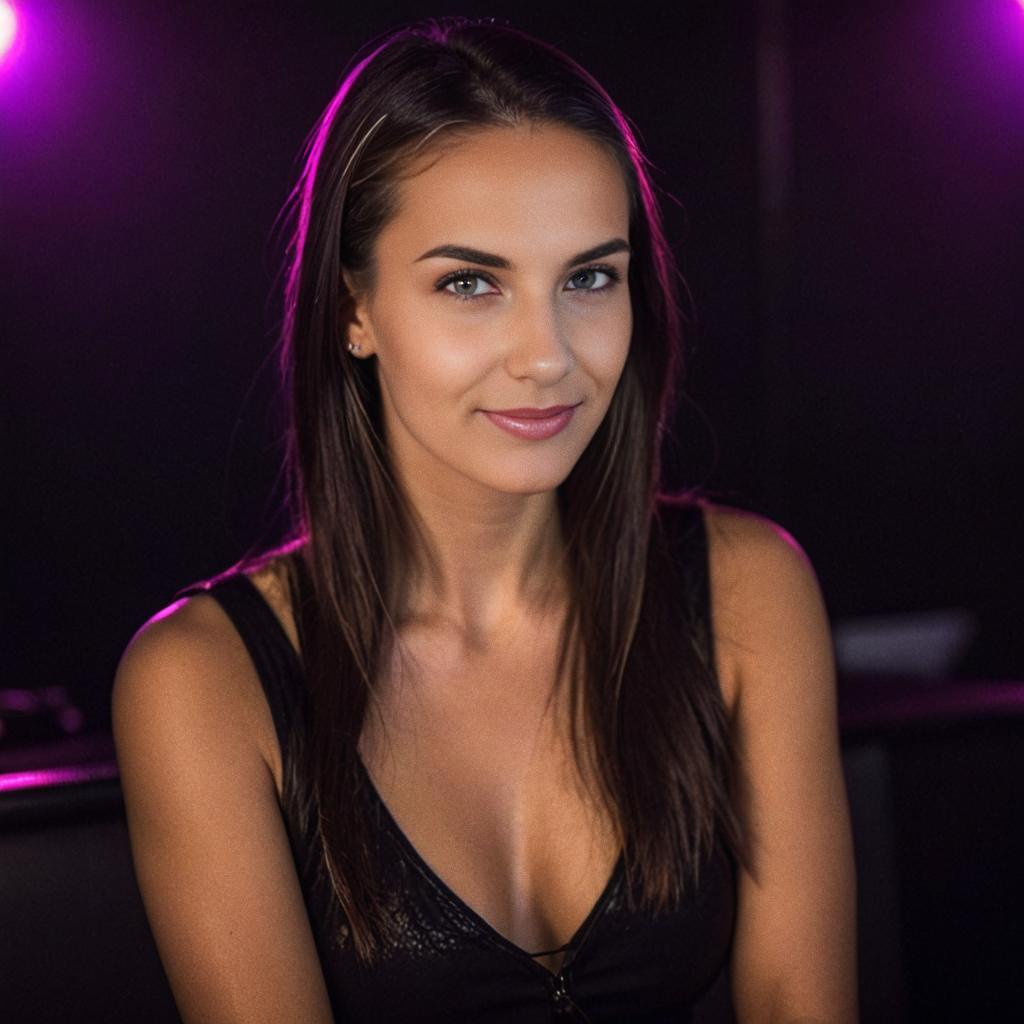 Portrait of a Woman with Dark Hair in Pink Lighting