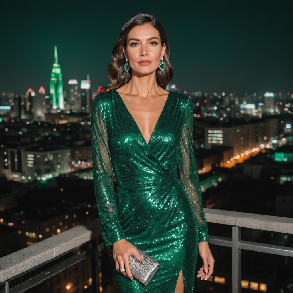 Elegant Woman in Emerald Green Sequin Evening Gown on Rooftop Cityscape Night