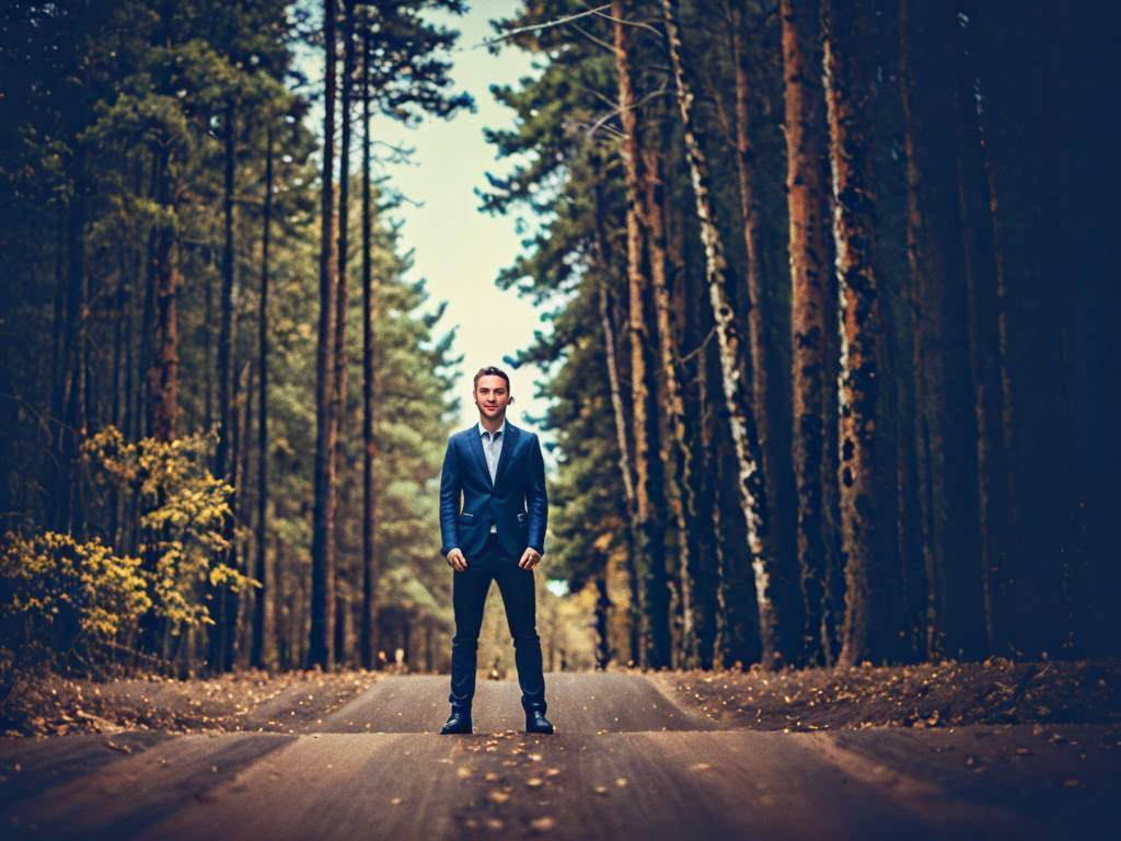 Man in Suit on Forest Road