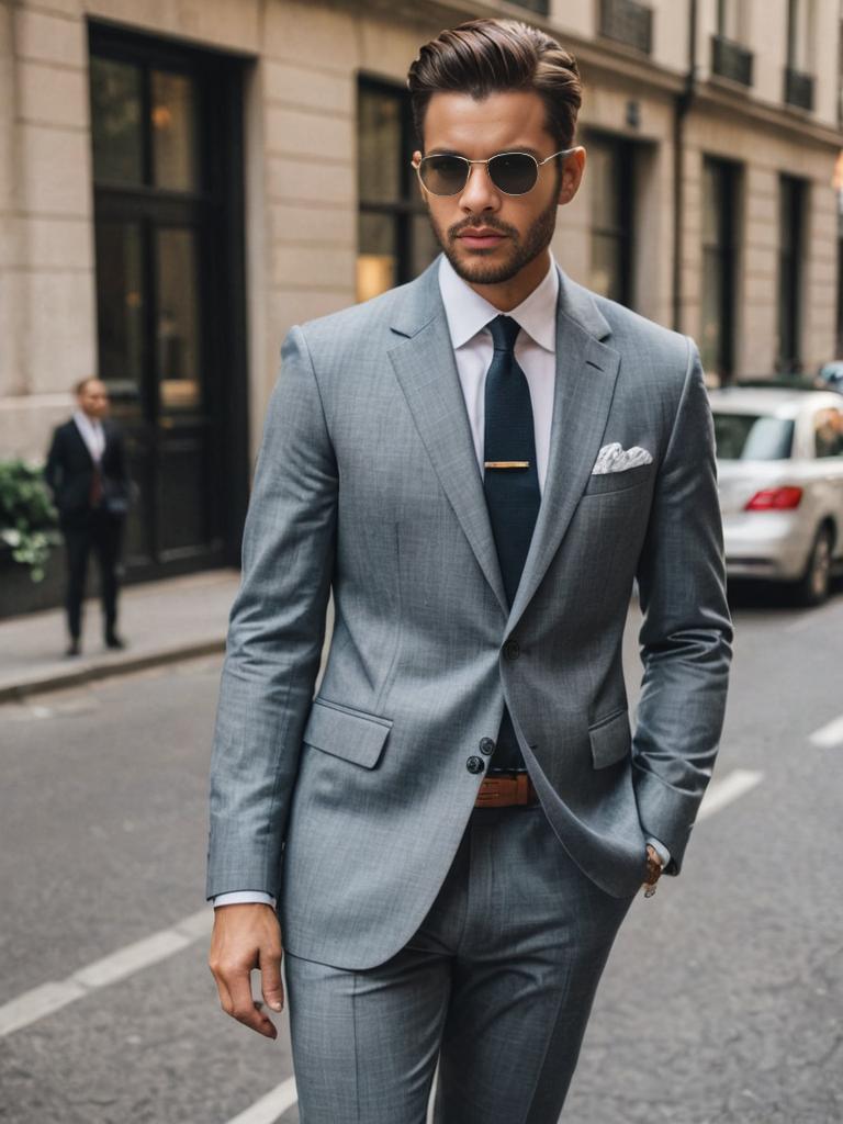 Fashionable man in grey suit with blue tie and sunglasses