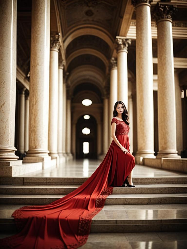 Elegant Woman in Red Gown on Grand Steps