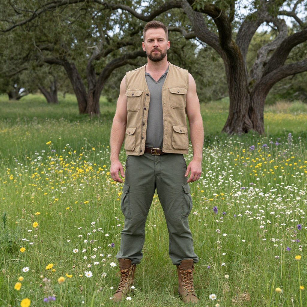 Rugged Man in Outdoor Adventure Outfit Standing in Wildflower Meadow