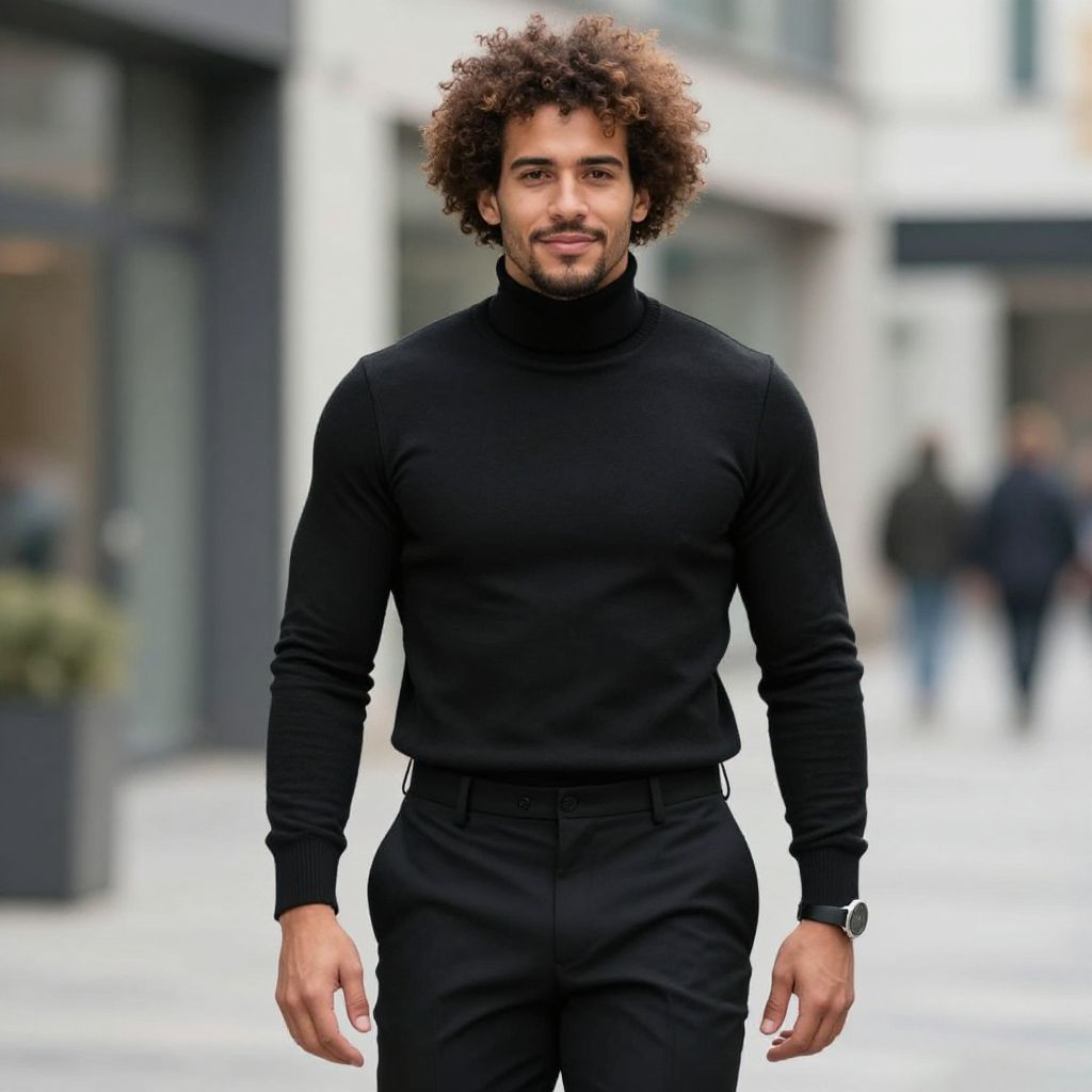 Confident Man in Black Turtleneck Walking in Urban Setting
