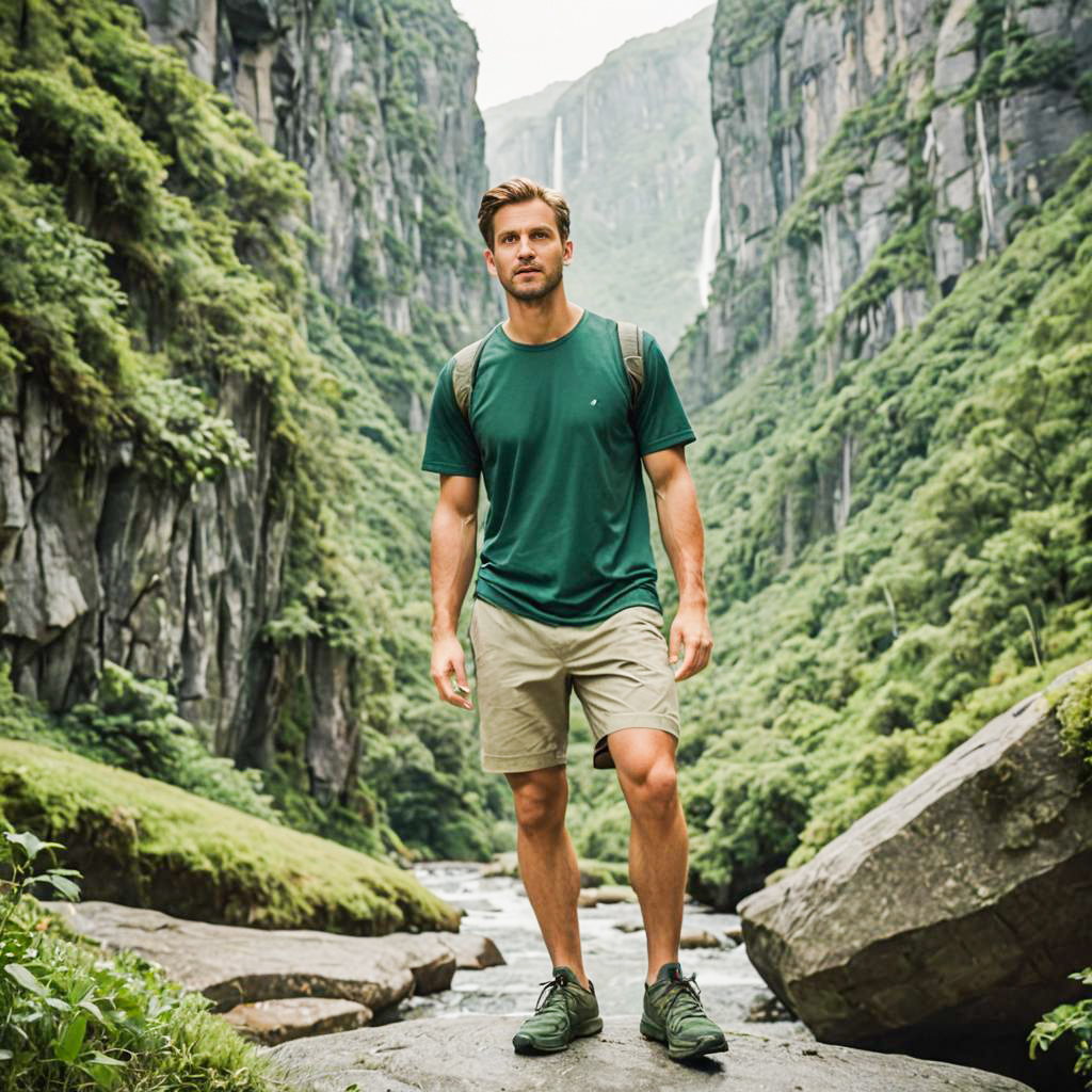 Fit Man on Rock in Mountain Landscape