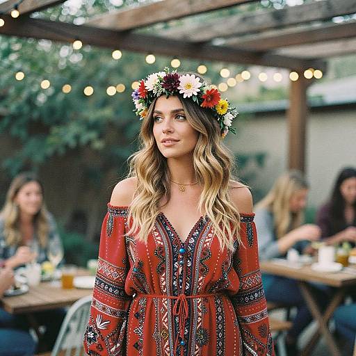 Bohemian Woman in Floral Crown at Garden Gathering