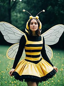 Whimsical Woman in Bee Costume with Wings in Cinematic Realism
