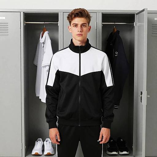 Young Man in Black and White Sporty Jacket by Lockers