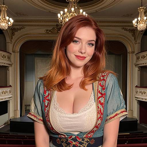 Red Haired Woman in Traditional Costume in Historic Theater Interior