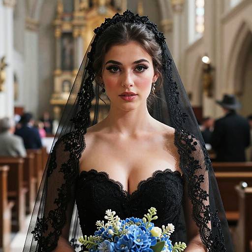 Gothic Black Lace Bridal Portrait with Blue Flower Bouquet in Church