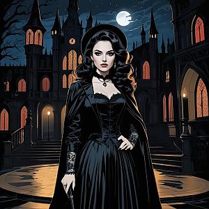 Gothic Woman in Black Outfit with Castle