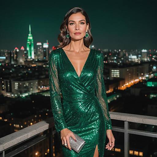 Elegant Woman in Emerald Green Sequin Evening Gown on Rooftop Cityscape Night