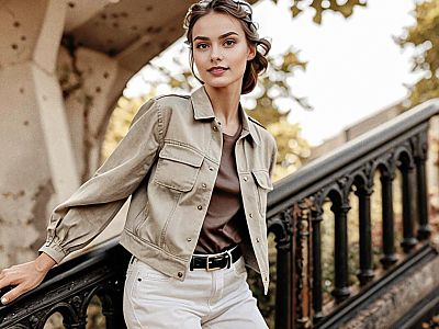 Confident Woman on Vintage Staircase in Chic Outfit