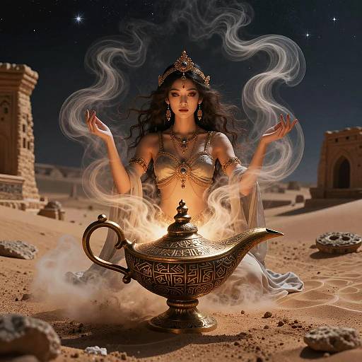 Mystical Woman With Genie Lamp in Desert Night Fantasy