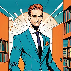 Confident Man in Teal Suit in Stylized Library