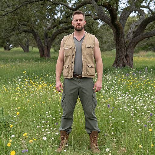Rugged Man in Outdoor Adventure Outfit Standing in Wildflower Meadow