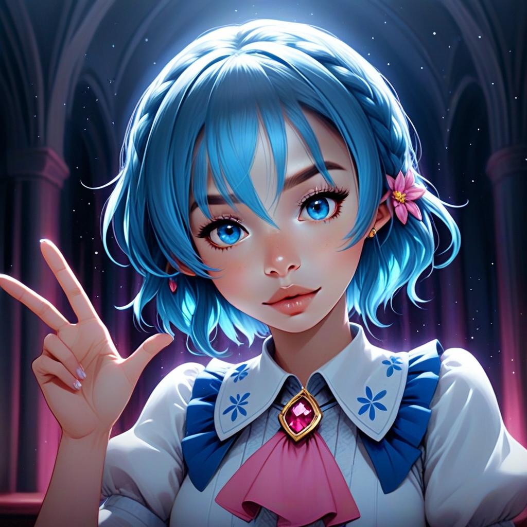 Dorothy West Anime Style Portrait with Blue Hair and Gothic Background