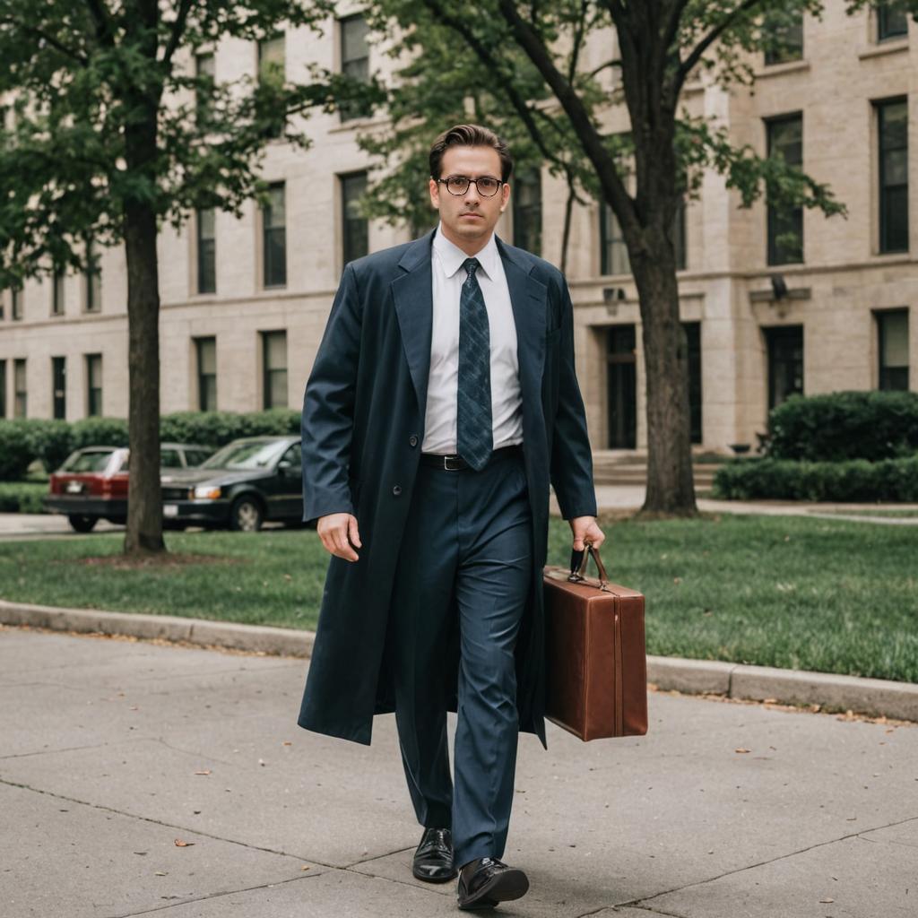 Confident attorney in motion with briefcase in urban setting