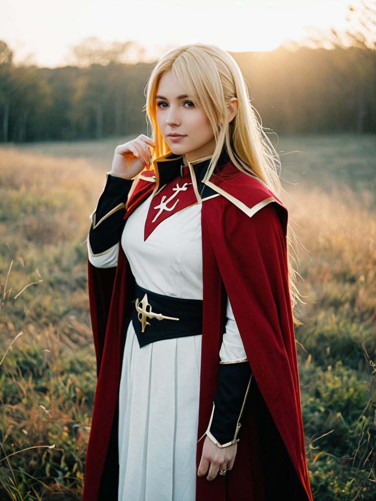 Realistic Cosplay of Trisha Elric Character by Woman in Outdoor Setting