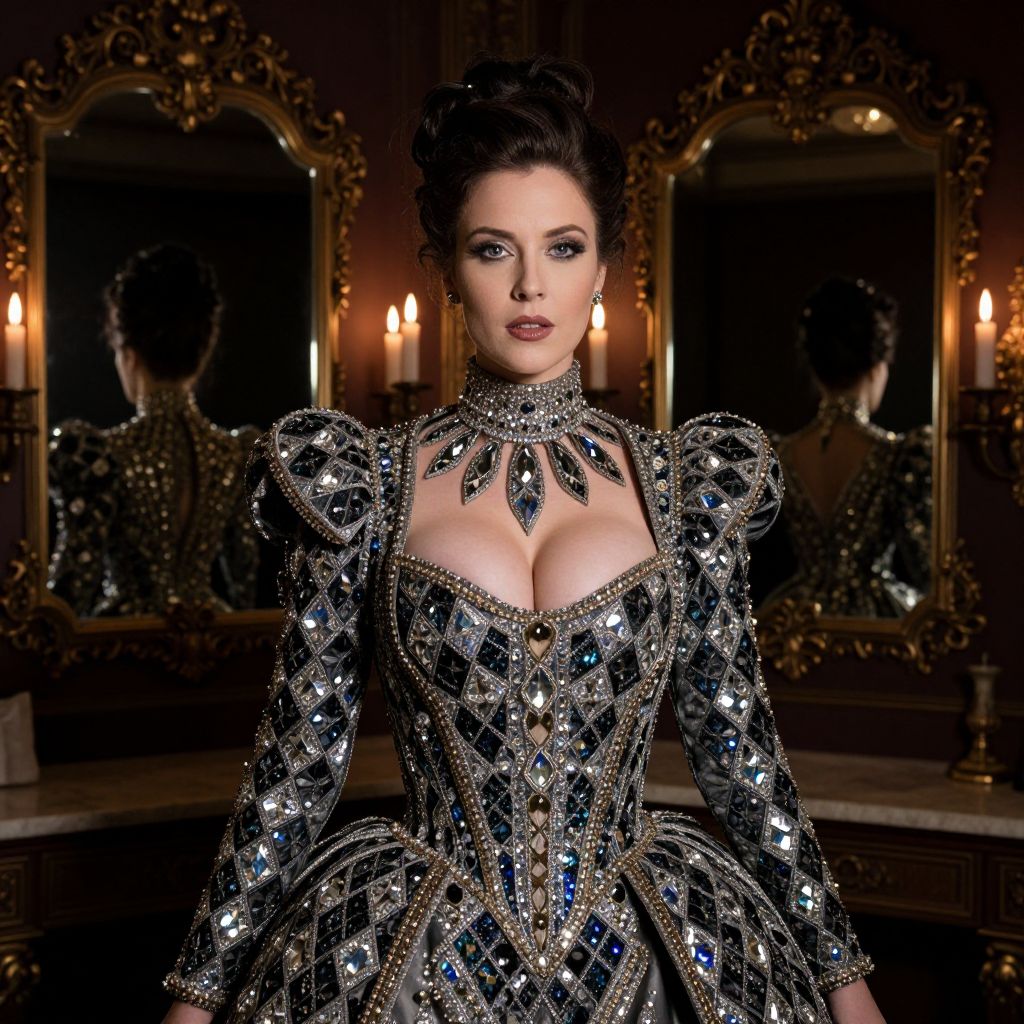 Elegant Woman in Bejeweled Renaissance Style Gown in Opulent Room
