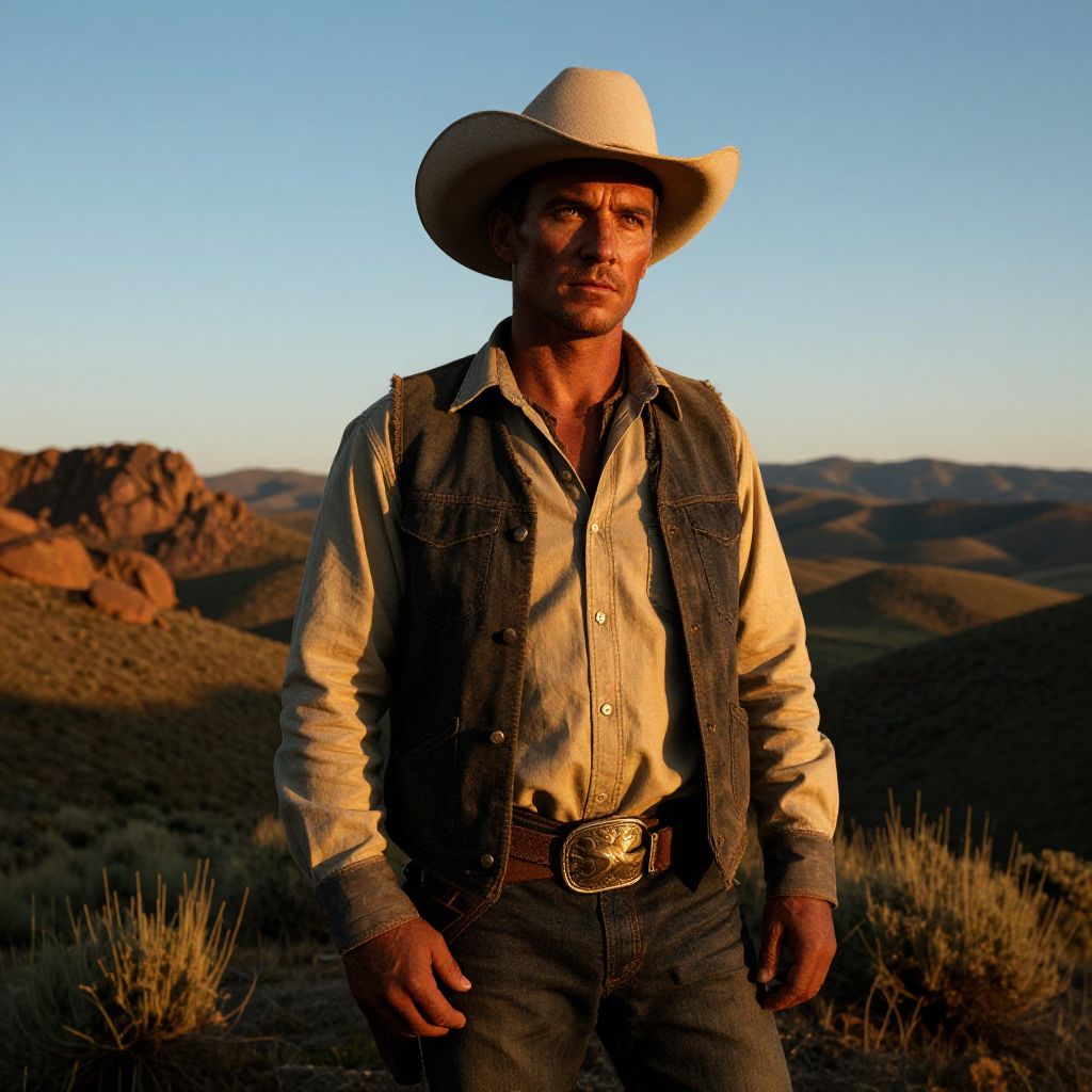 Cowboy in Classic Western Attire in Scenic Mountain Landscape