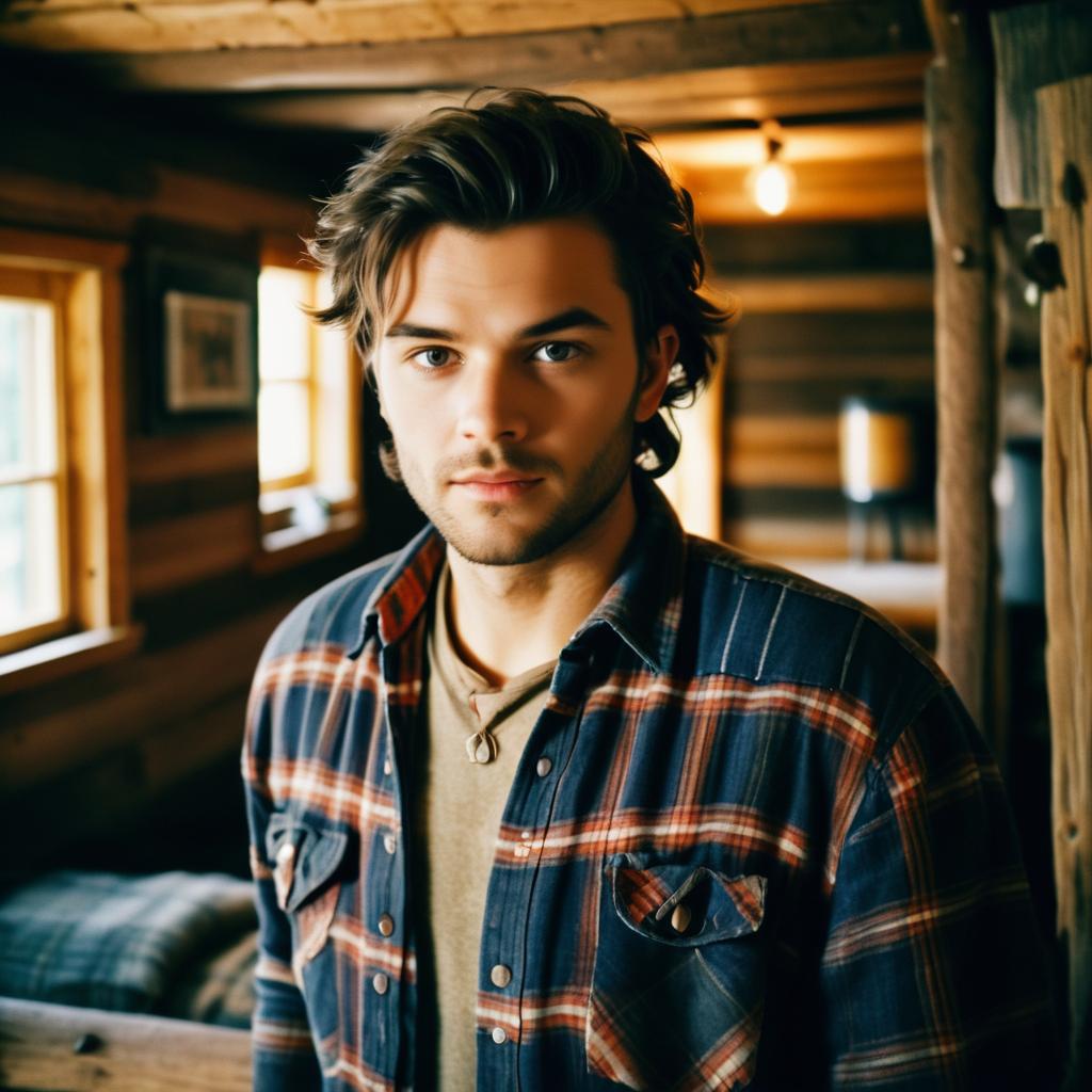 Confident Young Man in Rustic Cabin