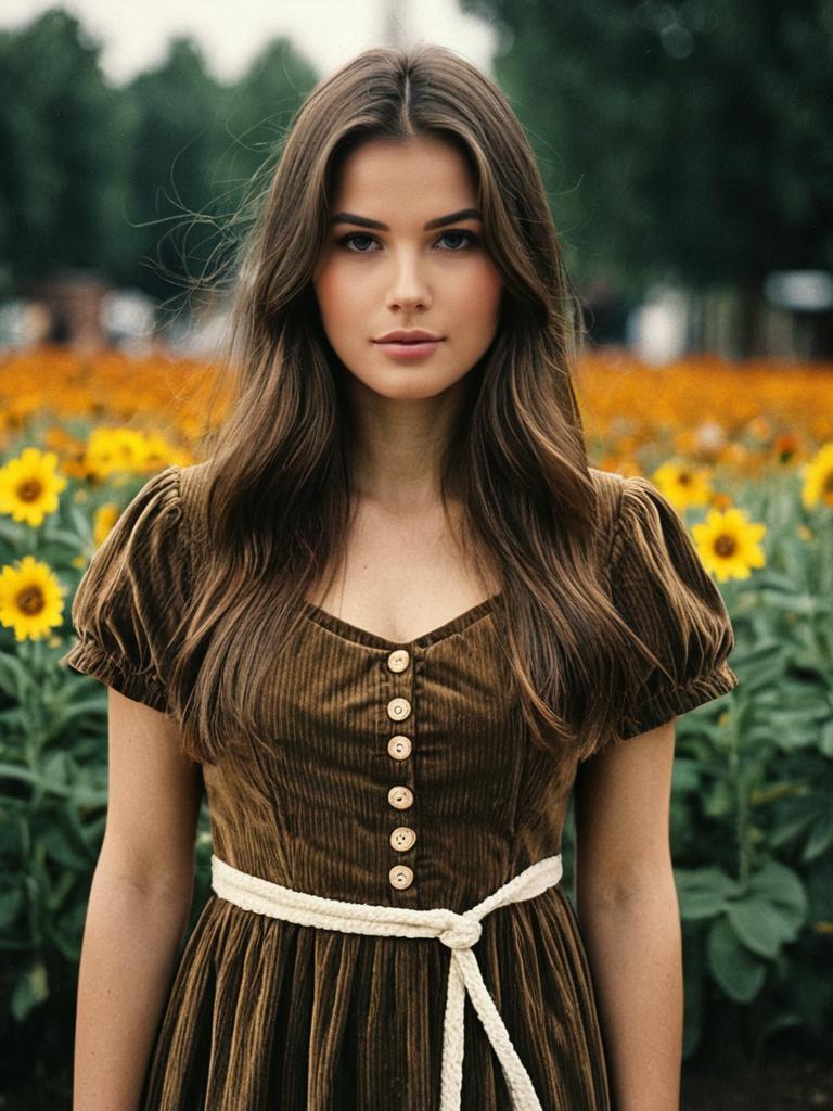 Young Woman in Tan Corduroy Dress Standing in Sunflower Field