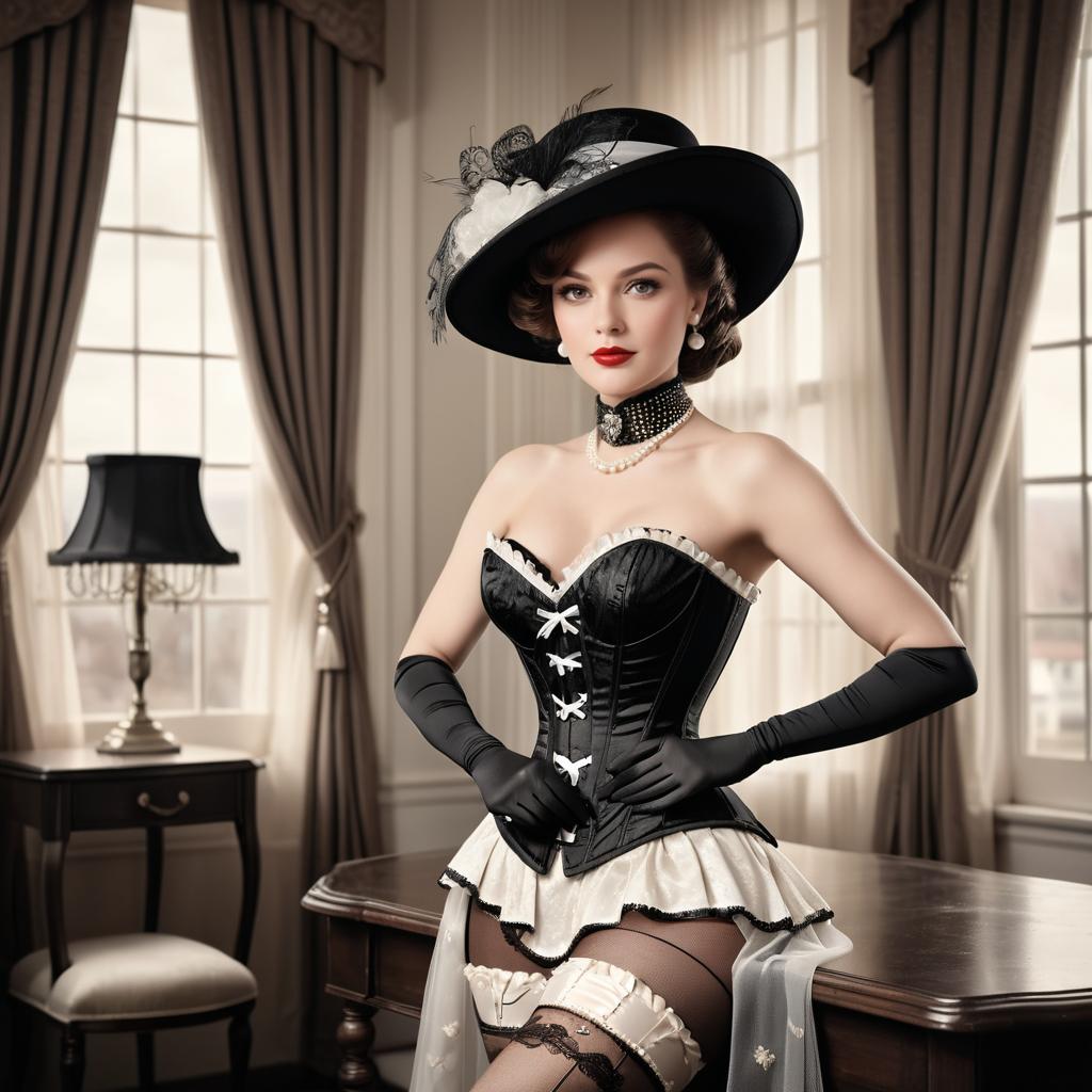 Elegant Victorian Woman in Black Corset and Feathered Hat Vintage Style