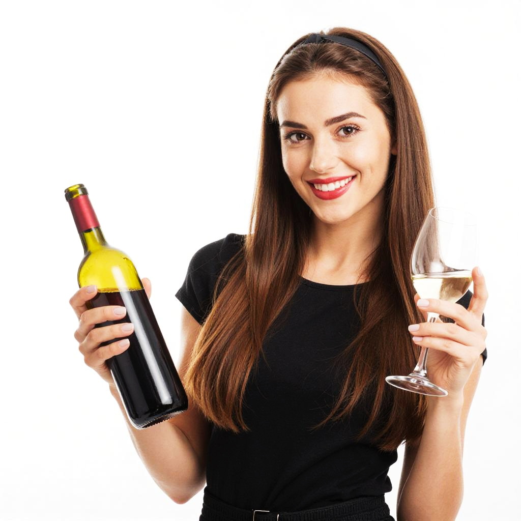 Young Woman Holding Red Wine Bottle and White Wine Glass