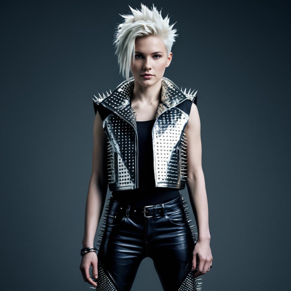 Edgy Punk Rock Woman in Silver Metallic Studded Vest and Black Leather Pants