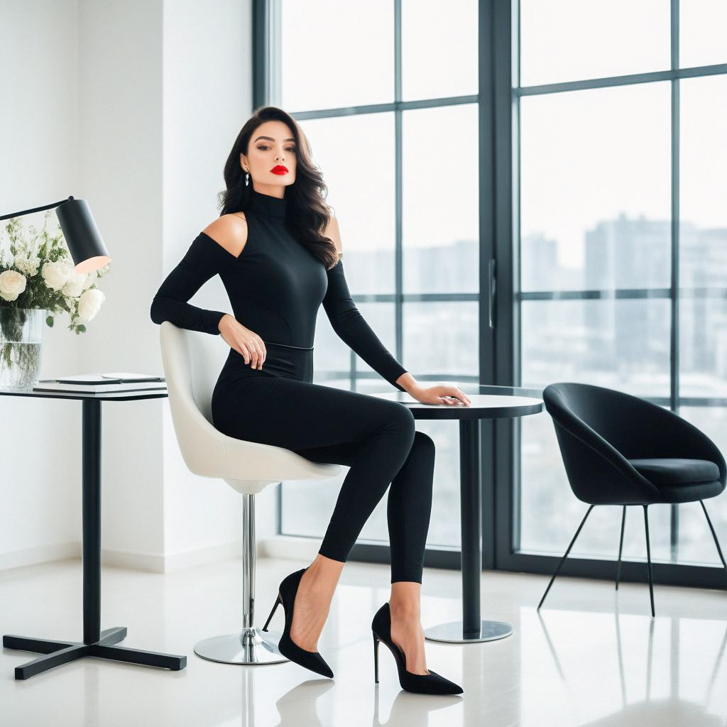 Stylish Woman in Black Outfit by Modern Table Stylish Woman in Black Outfit by Modern Table