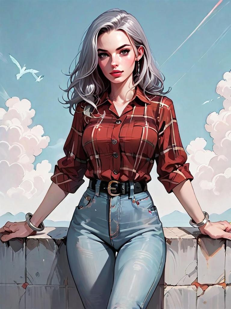 Realistic 1 Girl Illustration in Red Plaid Shirt and Jeans Outdoor Full Body Shot