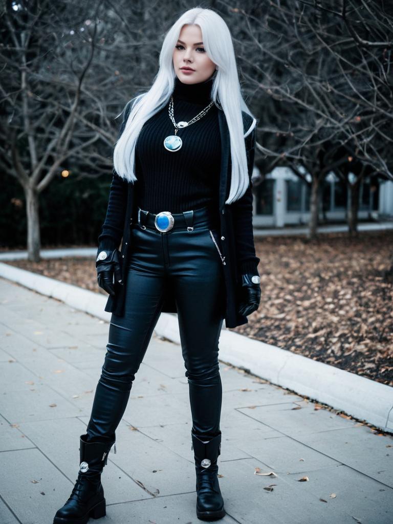 Stylish Woman in Black Leather Outfit with Moon Accessories Outdoors