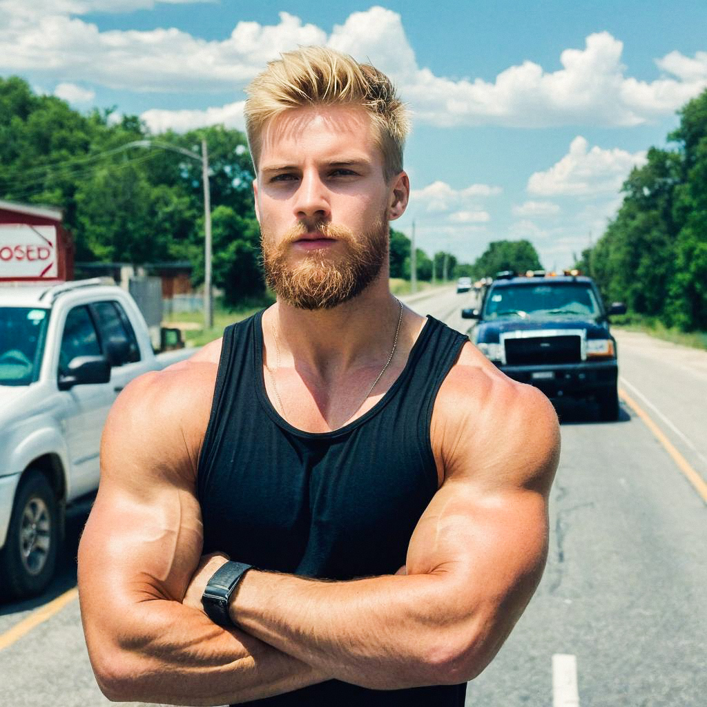 Muscular Blond Man on Rural Road Muscular Blond Man on Rural Road