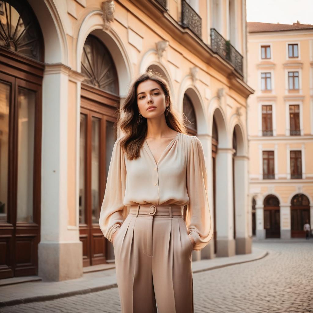 Elegant Woman in Beige Outfit on European Cobblestone Street