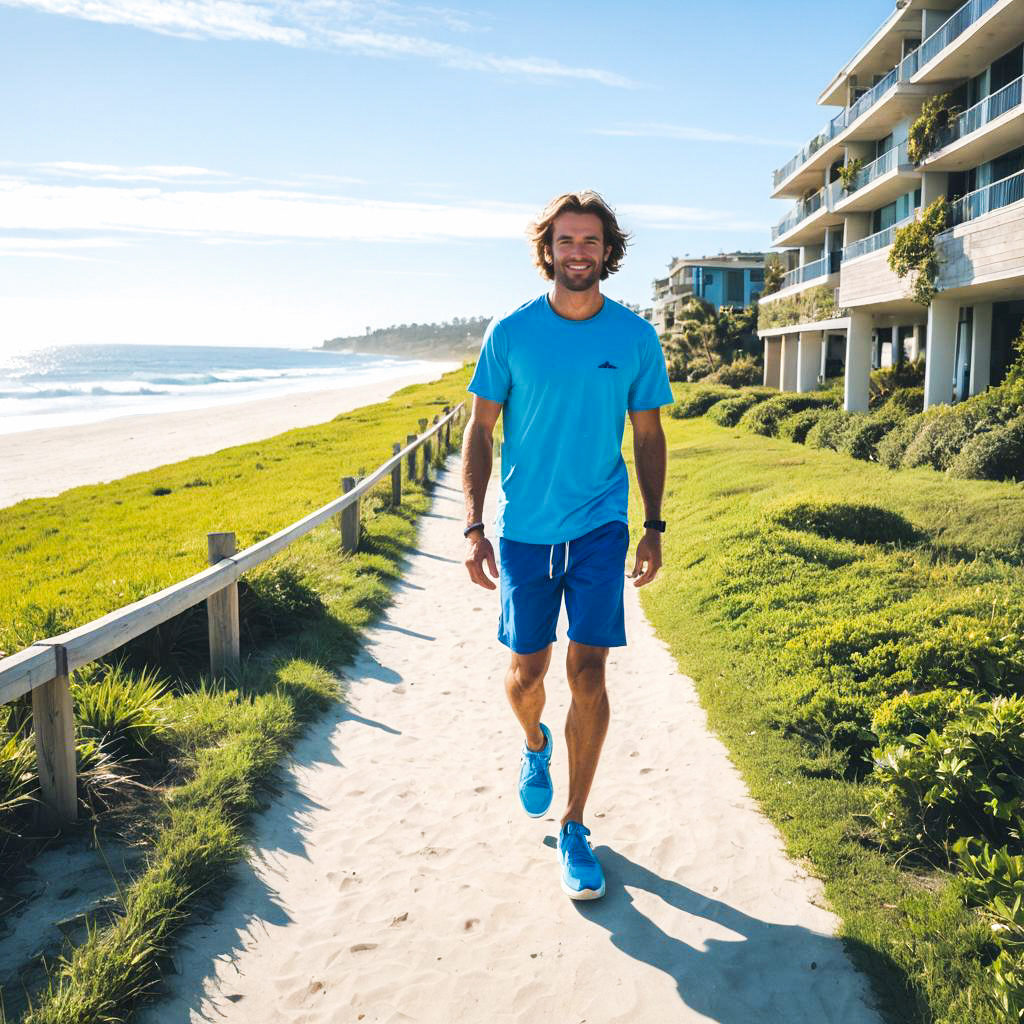 Cheerful man on beach path