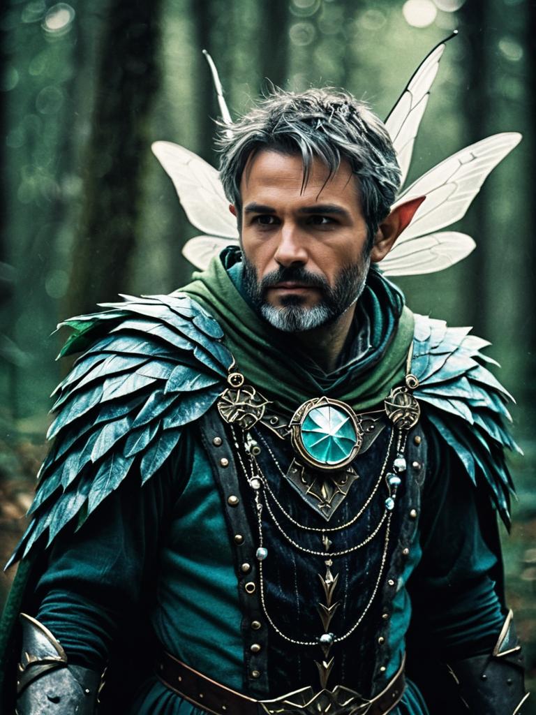 Man in Detailed Fairy Costume with Wings and Leaf Armor in Forest