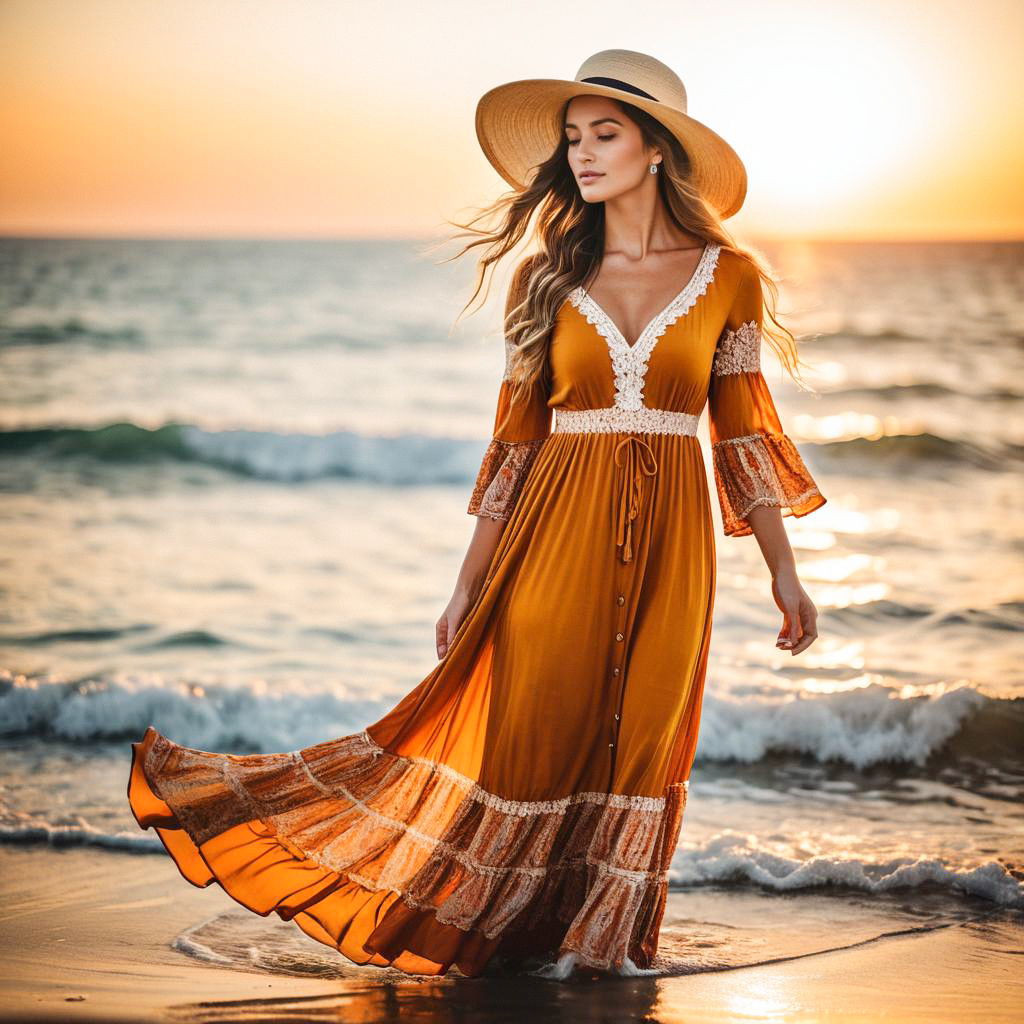 Woman in Amber Dress at Sunset Beach